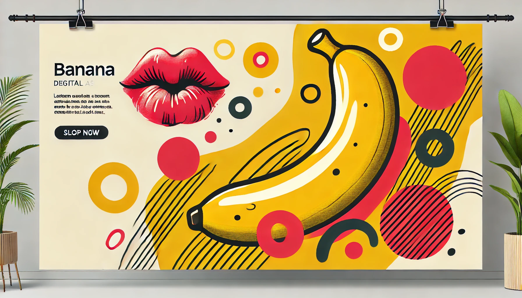 Abstract digital artwork featuring a stylized yellow banana shape with playful red accents, suggestive of lipstick marks. The design uses loose, vibrant shapes on a simple background, creating a cheeky and fun visual impression