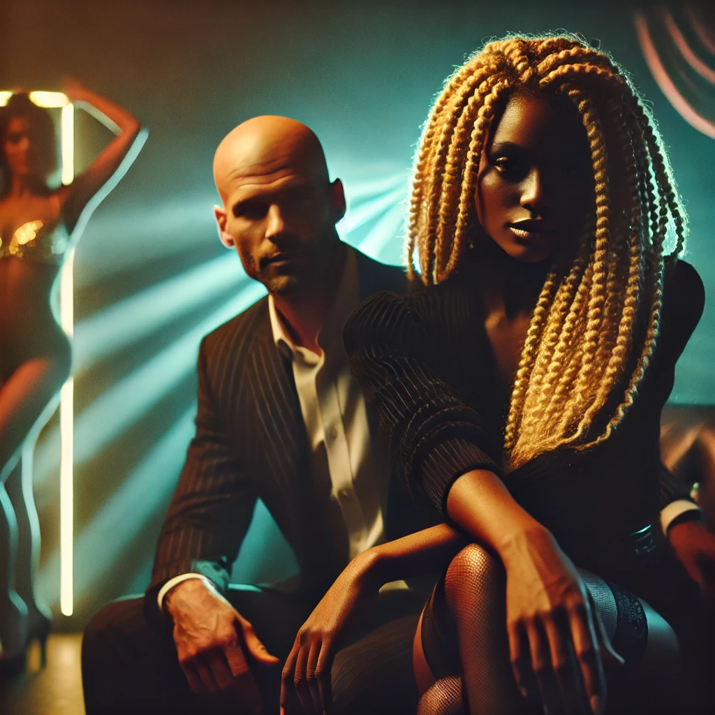 . The man, with a shaved head and wearing a pinstripe suit, sits confidently in the background. The woman, with striking blond braids and a bold presence, is seated in the foreground with a direct gaze. In the background, a dancer in a sequined outfit poses near a neon-lit pole, adding to the club ambiance.”