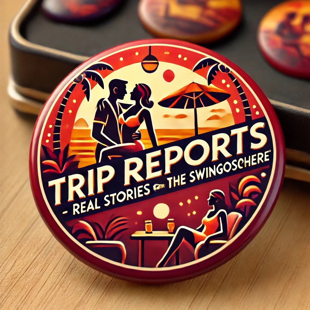 Button with trip reports printed in a sunset background.