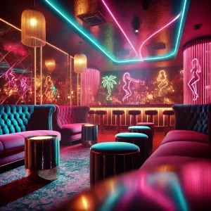 lounge with vibrant neon lighting and a retro-inspired aesthetic, featuring velvet tufted sofas in teal and magenta. The walls are decorated with neon silhouettes of dancing figures and a palm tree, creating a lively, exotic atmosphere. The bar area is illuminated with warm lights, and the room is filled with modern round stools and tables.