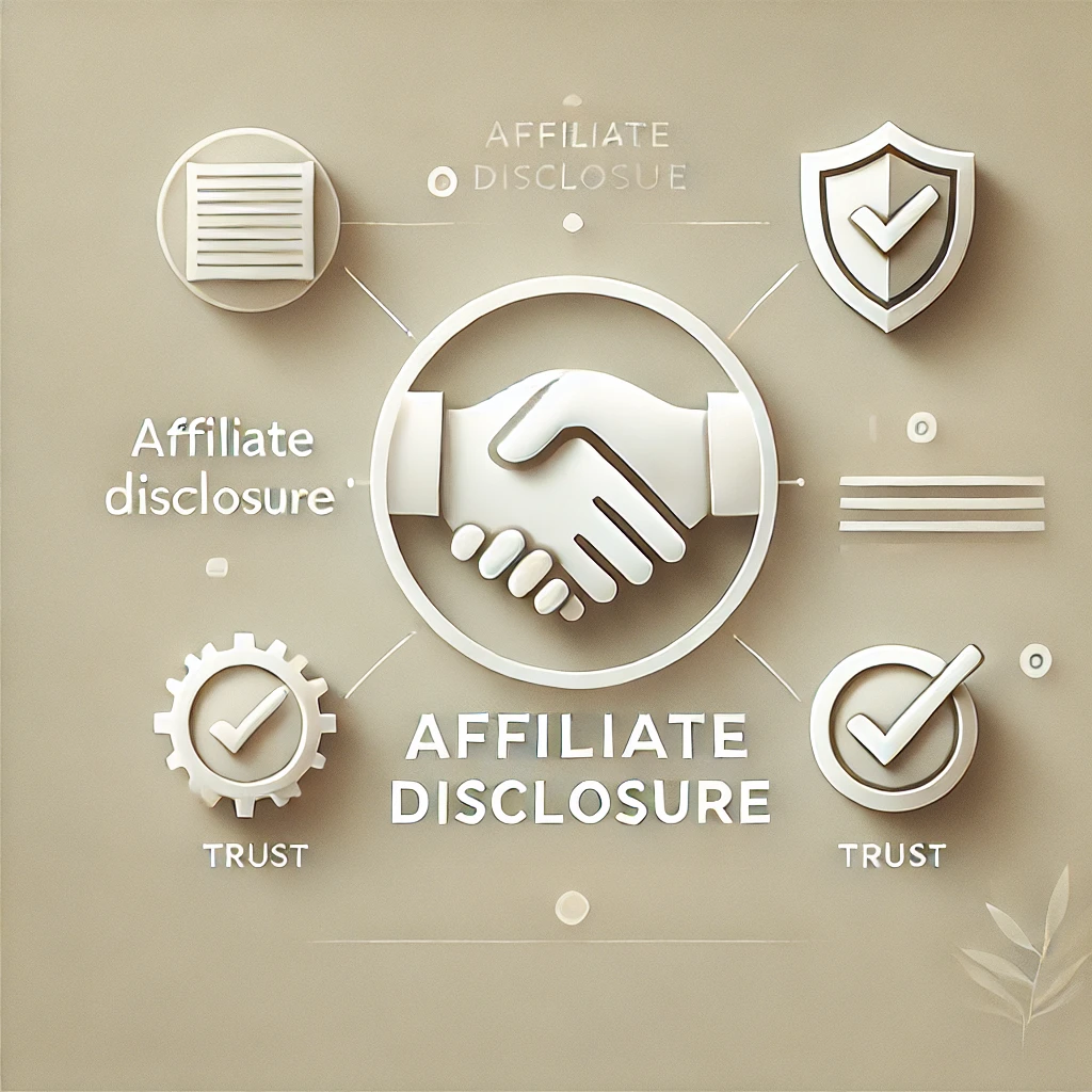 A clean and professional featured image for an Affiliate Disclosure page, with a minimalistic design in soft, neutral tones. Includes subtle icons like a handshake and shield, symbolizing trust, transparency, and openness.