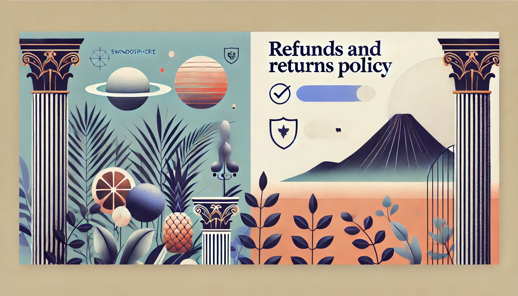 A banner image for a Refunds and Returns Policy page, combining elements of Swingosphere and Erogenous Art. The left side has a tropical, playful vibe representing Swingosphere, while the right side features a sleek, sensual aesthetic symbolizing Erogenous Art. Soft, neutral background tones and icons like a shield and checkmark convey trust, quality, and customer assurance.