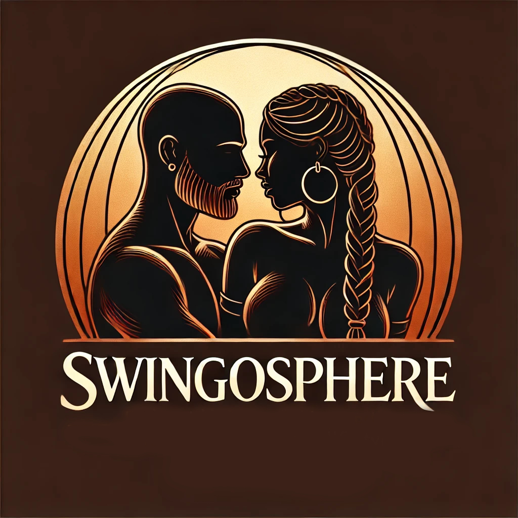 Silhouettes of a couple, Dante and Onyx, in a close and intimate pose. Dante is depicted as a bald man with a beard, and Onyx as a woman with long braids. The warm tones, soft lighting, and abstract background convey a sense of intimacy, connection, and luxury, fitting the swinger lifestyle theme. Dante and Onyx are representative of Steven and Ember Shelle