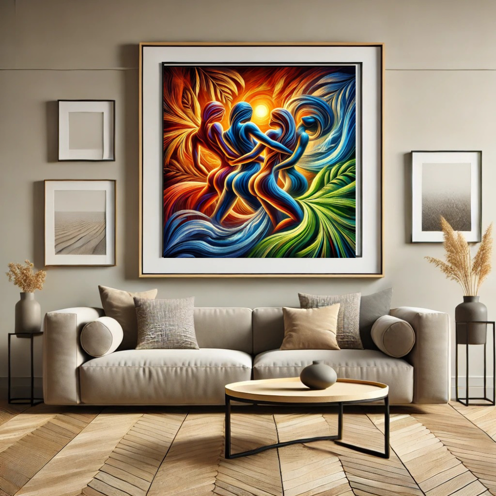 Alt Text: “A vibrant, framed art print depicting two abstract figures dancing in an embrace, with swirling colors of blue, green, red, and orange. The artwork hangs above a modern, neutral-toned sofa in a stylish living room, surrounded by minimalist decor and accent pieces that complement the dynamic energy of the art.”