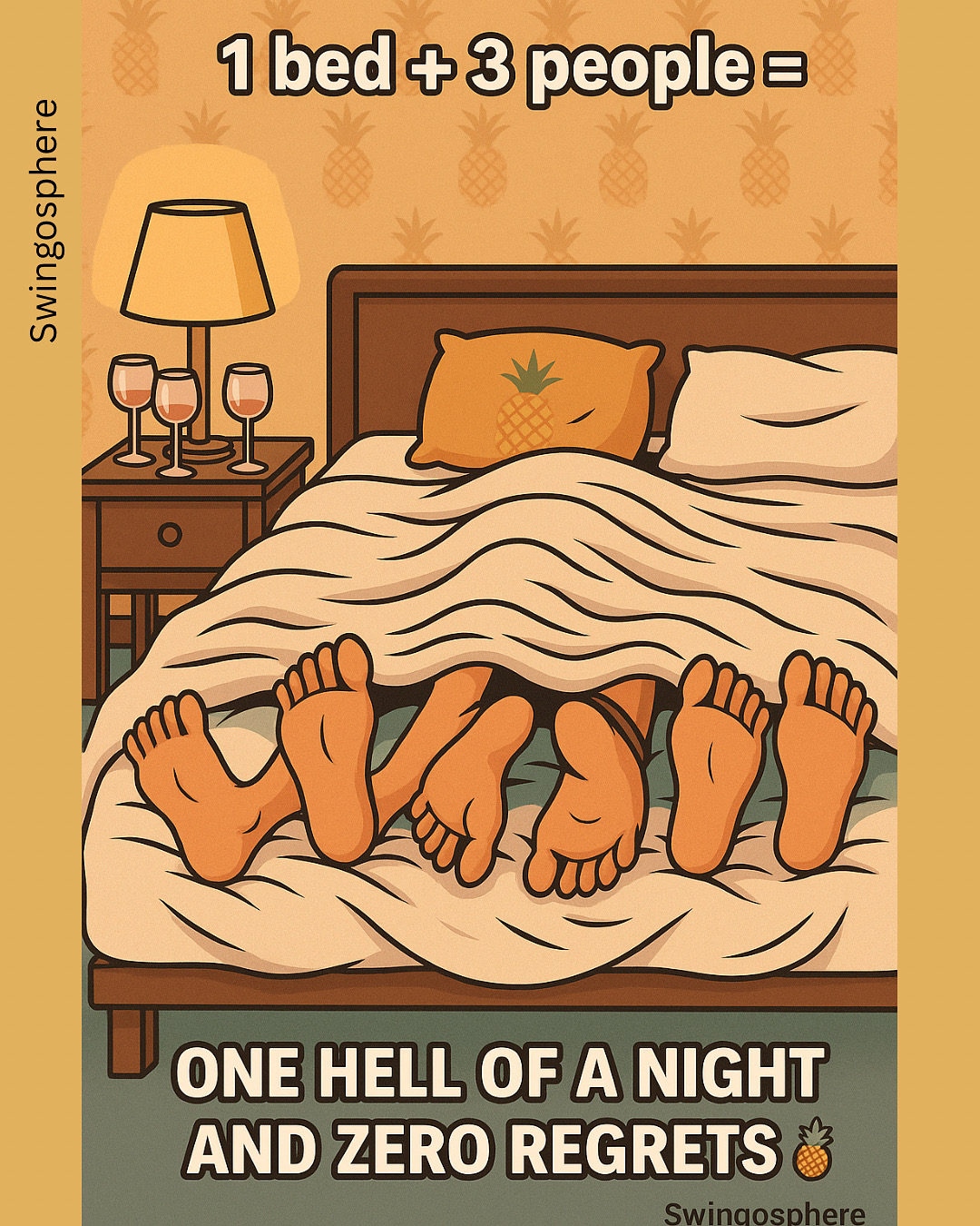 Cartoon of a threesome in bed with six feet showing under the sheets, wine glasses on the nightstand, and a pineapple pillow. Caption reads “One hell of a night and zero regrets.